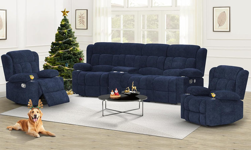 3 Seat Reclining Sofa with Storage Drawer USB Ports and Cup Holders Manual Couch