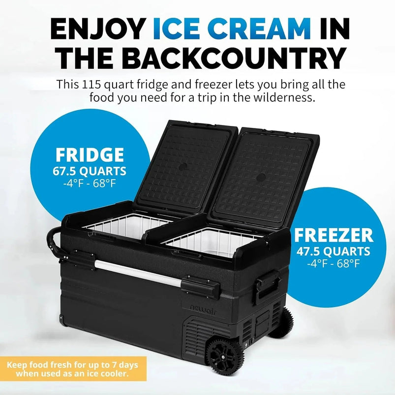 48 Qt. Portable 12V Electric Cooler with LG Compressor, Fridge and Freezer, Rugged Wheels, and Solar Power Input, Perfect Plug-in Cooler for Camping