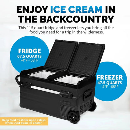 48 Qt. Portable 12V Electric Cooler with LG Compressor, Fridge and Freezer, Rugged Wheels, and Solar Power Input, Perfect Plug-in Cooler for Camping