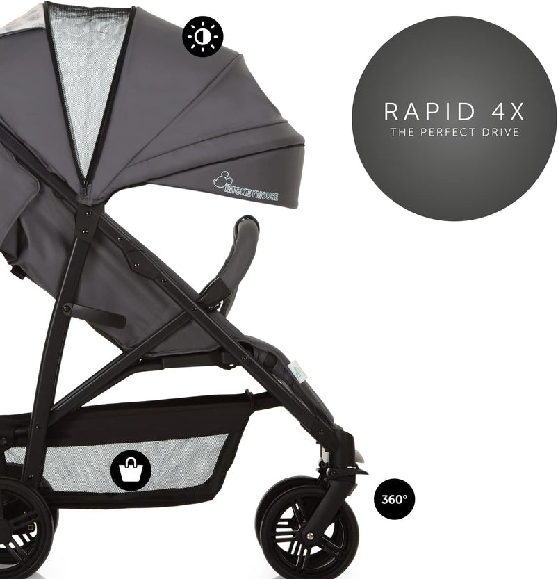 4X Carrito Bebe, Desde El Nacimiento Hasta 25 Kg, Silla De Paseo Ligera, Silla Bebe, Reclinable, Plegable, Compacta, Mickey Mouse Gris