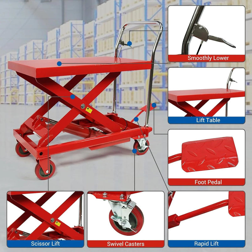 500LBS Hydraulic Lift Table Cart, 30" Lifting Height., Double Scissor Lift Table with 4 Wheels and Non-Slip Pad