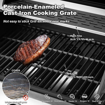 Upgraded 4 Burner BBQ Propane Gas Grill with Cast Iron Grates and Side Stove, 44, 000 BTU Stainless Steel Burner Barbecue Grill for Patio, Camping