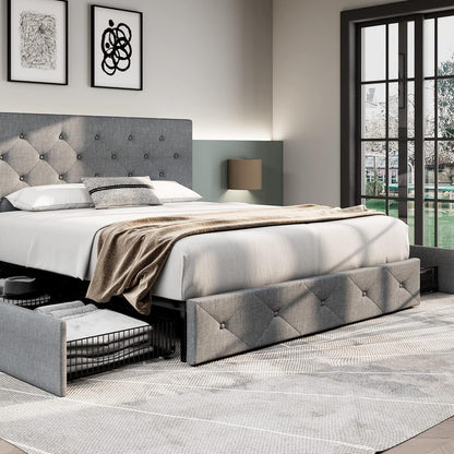 Allewie Upholstered Queen Size Platform Bed Frame with 4 Storage Drawers and Headboard, Square Stitched Button Tufted