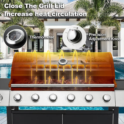Upgraded 4 Burner BBQ Propane Gas Grill with Cast Iron Grates and Side Stove, 44, 000 BTU Stainless Steel Burner Barbecue Grill for Patio, Camping