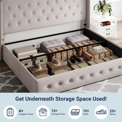 Allewie Queen Size Lift up Storage Bed, Modern Wingback Headboard, Hydraulic Support, Light Beige