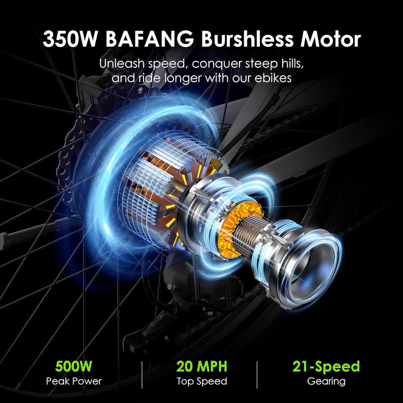 Adult Electric Bike, 350W BAFANG Motor 500W Peak, 4A 3H Fast Charging, 468Wh Li-Ion Battery, 21 Speed Gears, Air Saddle