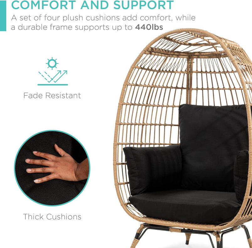 Best Choice Products Wicker Egg Chair, Oversized Indoor Outdoor Lounger for Patio, Backyard, Living Room W/ 4 Cushions, Steel Frame, 440lb Capacity
