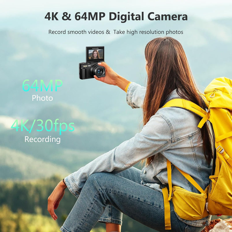 4K Digital Camera for Photography, 64MP Vlogging Camera for Youtube with 3" 180 Degree Flip Screen