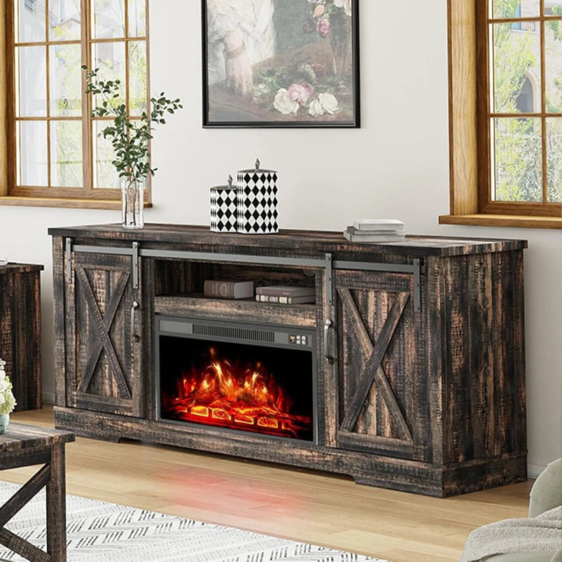 Amerlife Fireplace TV Stand with Sliding Barn Door for Tvs up to 73"