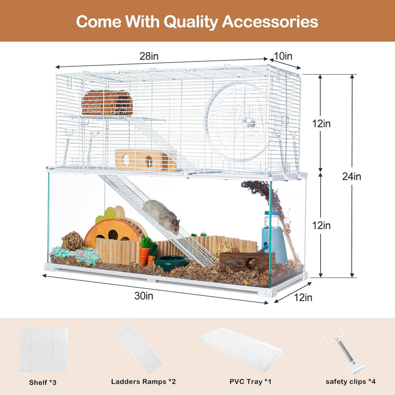 3 Tiers Large Hamster Cages, Glass Hamster Cage Habitat with Openable Wire Topper
