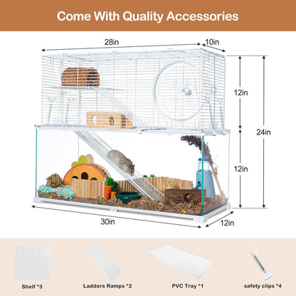 3 Tiers Large Hamster Cages, Glass Hamster Cage Habitat with Openable Wire Topper