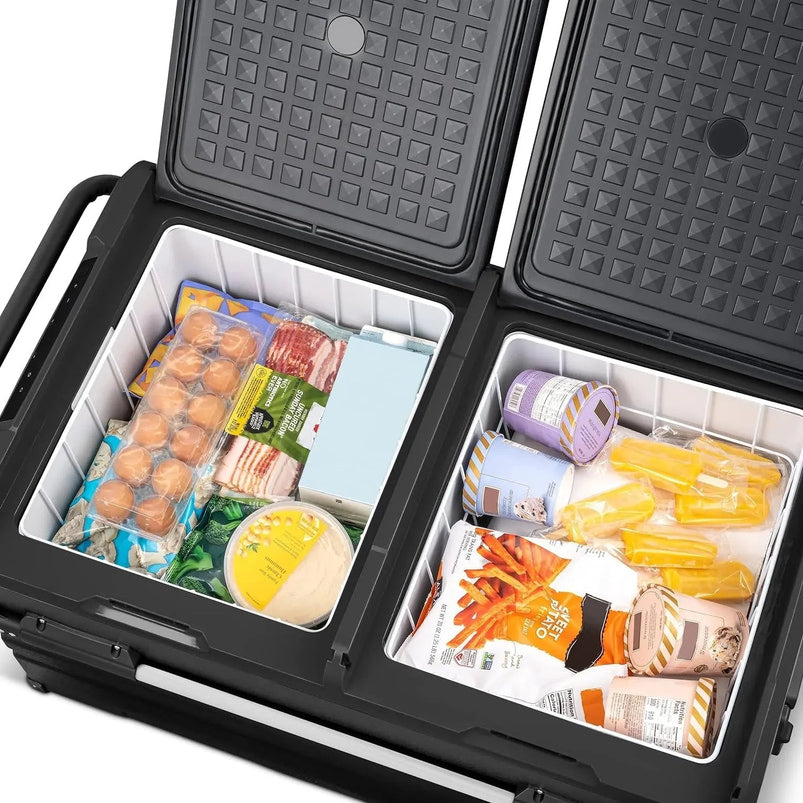 48 Qt. Portable 12V Electric Cooler with LG Compressor, Fridge and Freezer, Rugged Wheels, and Solar Power Input, Perfect Plug-in Cooler for Camping
