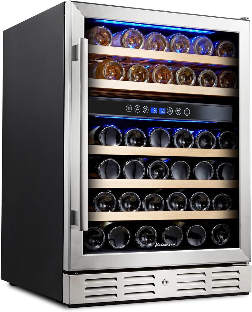 24 Inch Wine Cooler, 46 Bottle, Dual Zone Built-in or Freestanding Fridge with Stainless Steel Reversible Glass Door, for Home, Kitchen, or Office