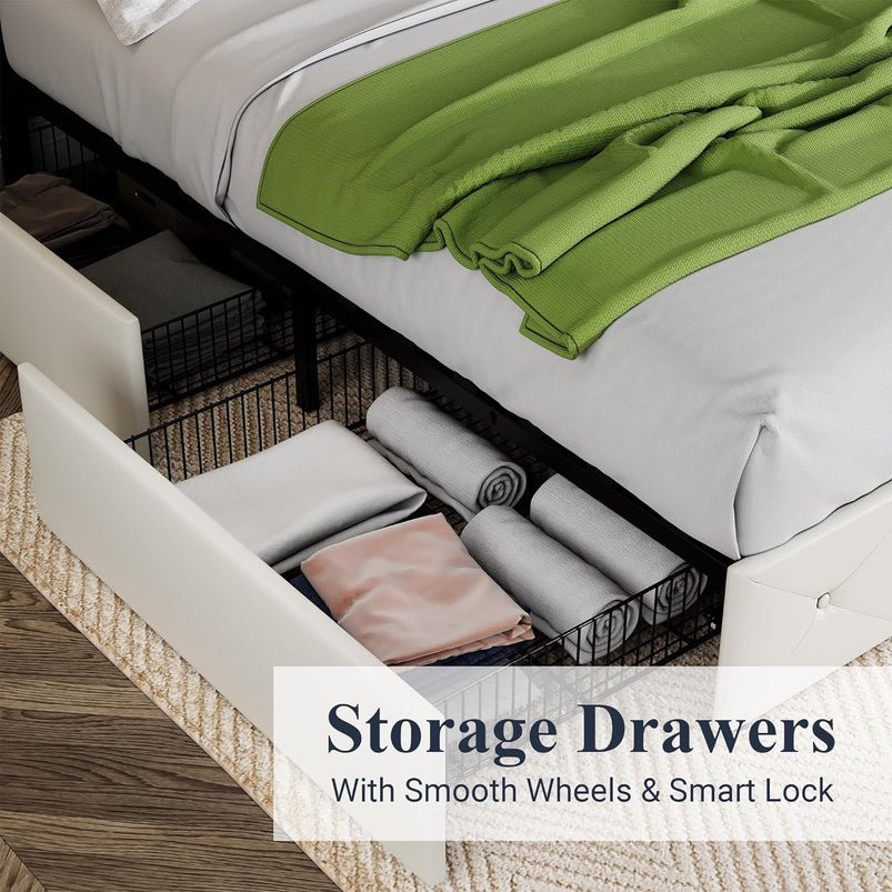 Allewie Upholstered Queen Size Platform Bed Frame with 4 Storage Drawers and Headboard, Square Stitched Button Tufted