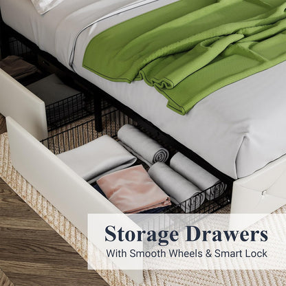 Allewie Upholstered Queen Size Platform Bed Frame with 4 Storage Drawers and Headboard, Square Stitched Button Tufted