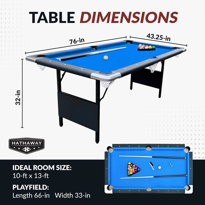 6 Ft Portable Pool Table, Adults Folding Billiards Tables for Game Room with Easy Foldable Storage, Includes Full Set of Billiard Balls, Cues
