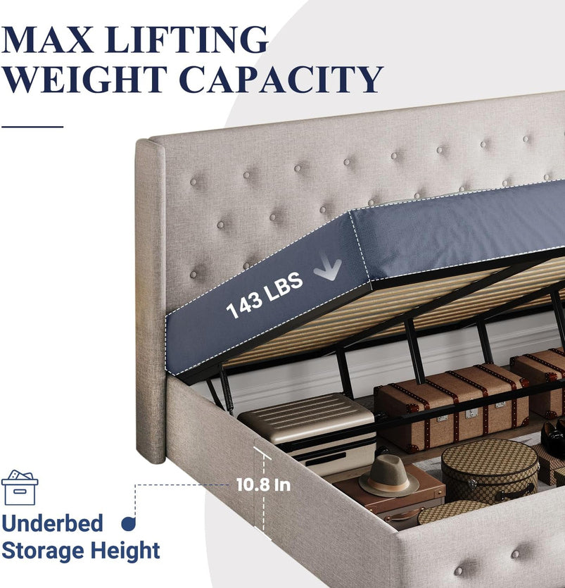 Allewie Queen Size Lift up Storage Bed, Modern Wingback Headboard, Hydraulic Support, Light Beige