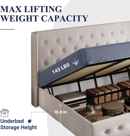 Allewie Queen Size Lift up Storage Bed, Modern Wingback Headboard, Hydraulic Support, Light Beige