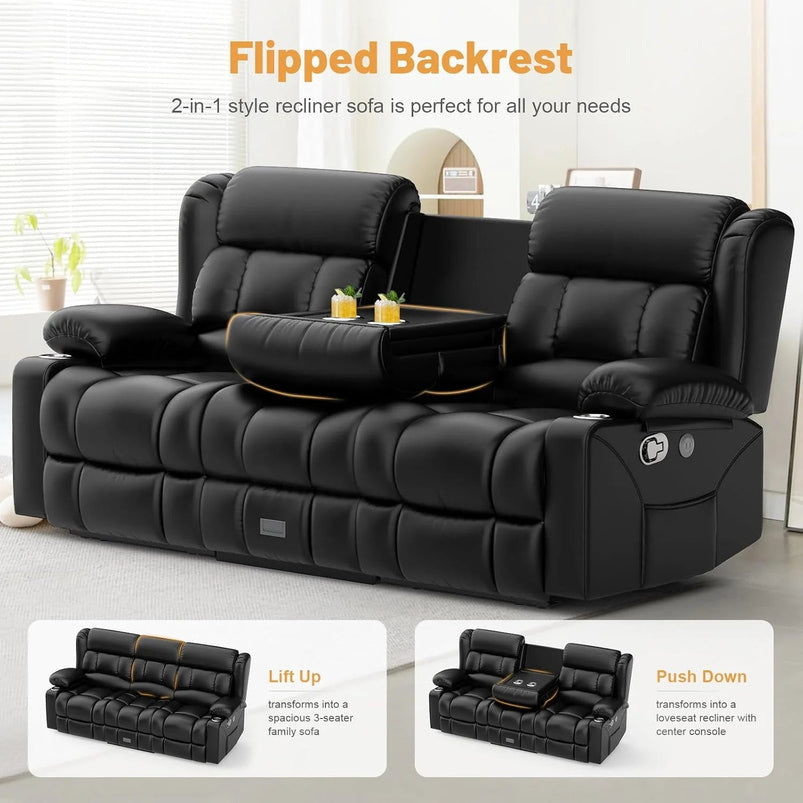 3 Seat Reclining Sofa with Storage Drawer USB Ports and Cup Holders Manual Couch