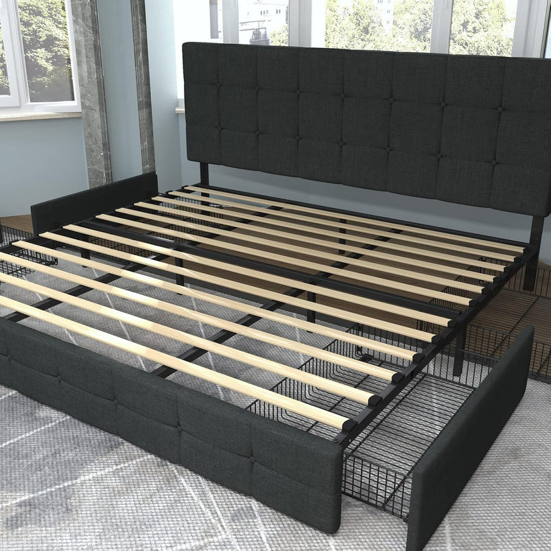 Allewie Upholstered Queen Size Platform Bed Frame with 4 Storage Drawers and Headboard, Square Stitched Button Tufted