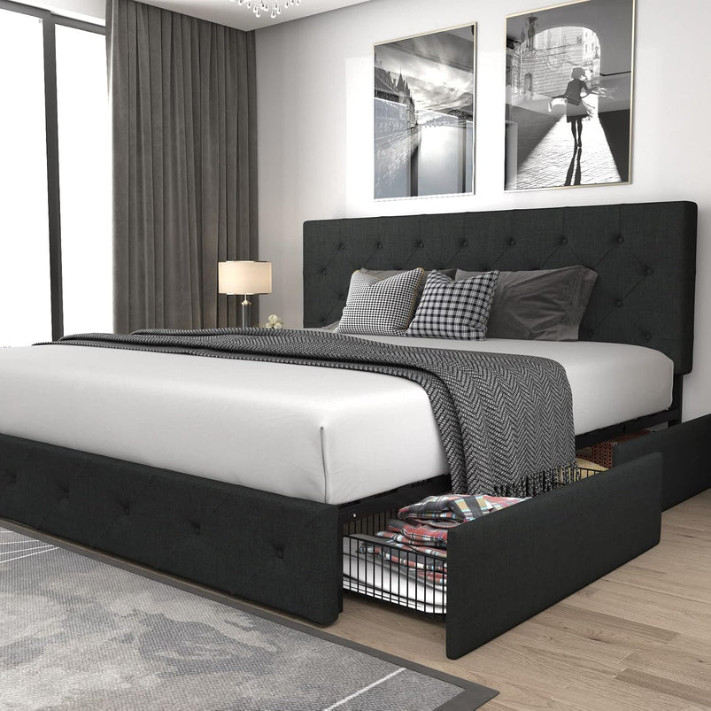 Allewie Upholstered Queen Size Platform Bed Frame with 4 Storage Drawers and Headboard, Square Stitched Button Tufted