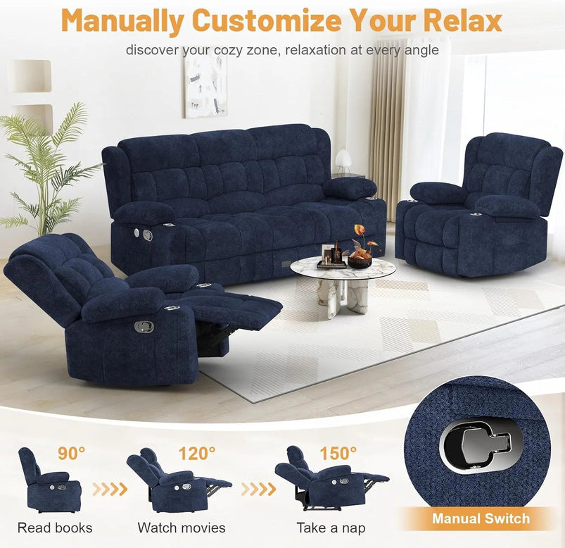 3 Seat Reclining Sofa with Storage Drawer USB Ports and Cup Holders Manual Couch