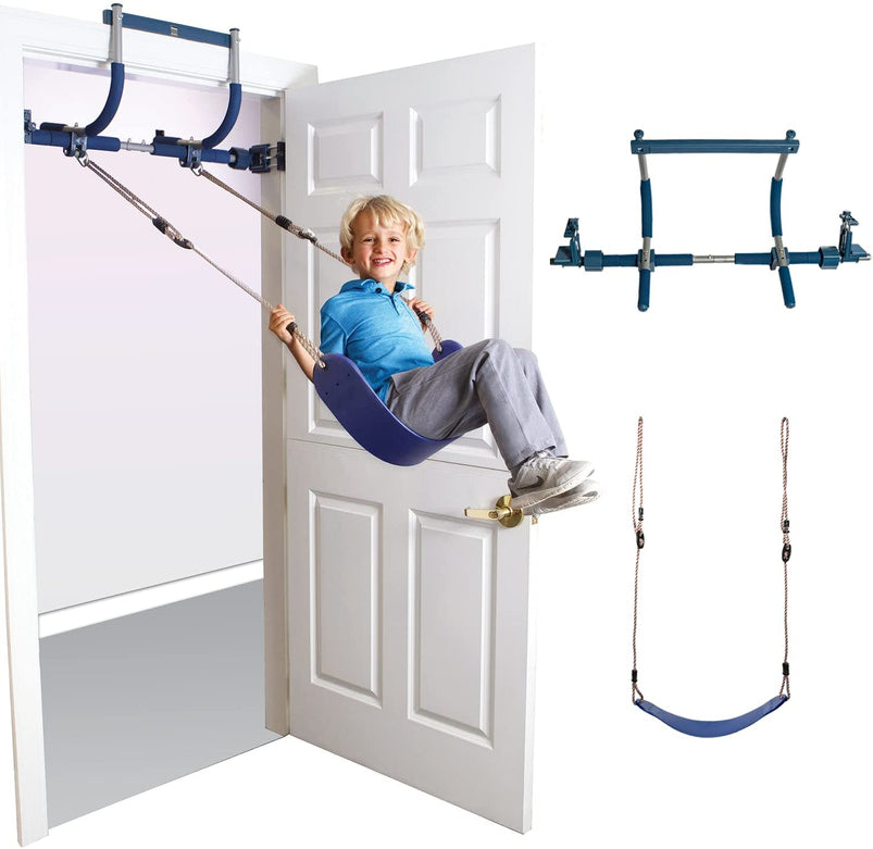 6 Piece Indoor Doorway Gym Set for Kids, Indoor Swing for Kids Includes Kids Swing Chair, Rings, Hanging Trapeze, Ladder, Swinging Rope and Pullup Bar