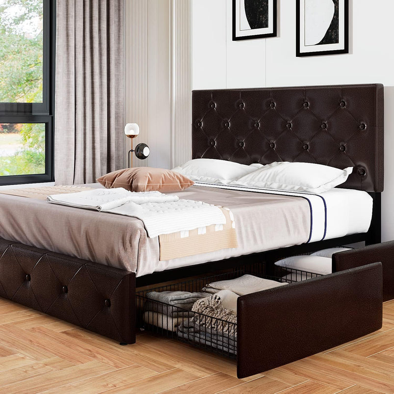 Allewie Upholstered Queen Size Platform Bed Frame with 4 Storage Drawers and Headboard, Square Stitched Button Tufted