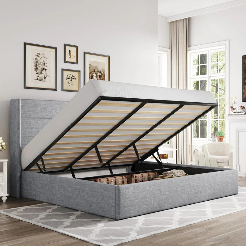 Allewie Queen Size Lift up Storage Bed, Modern Wingback Headboard, Hydraulic Support, Light Beige