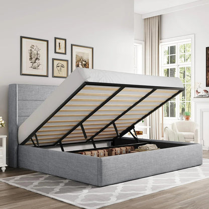 Allewie Queen Size Lift up Storage Bed, Modern Wingback Headboard, Hydraulic Support, Light Beige