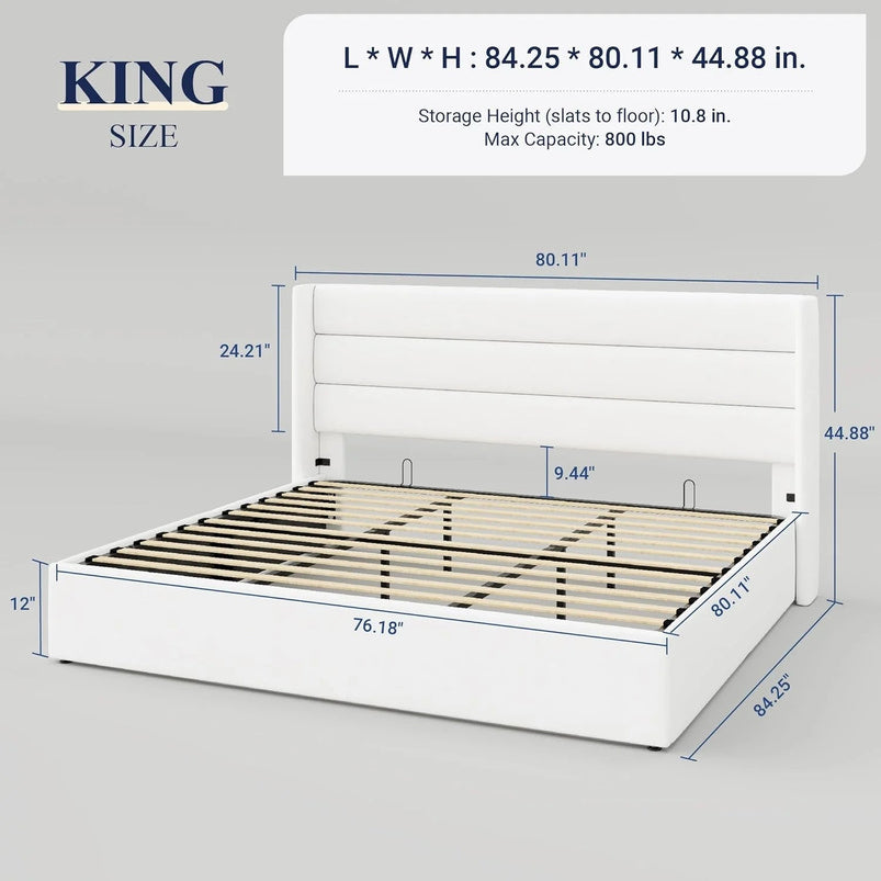 Allewie Queen Size Lift up Storage Bed, Modern Wingback Headboard, Hydraulic Support, Light Beige