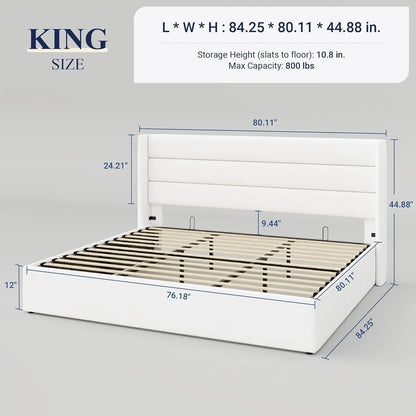 Allewie Queen Size Lift up Storage Bed, Modern Wingback Headboard, Hydraulic Support, Light Beige