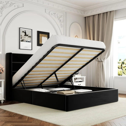 Allewie Queen Size Lift up Storage Bed, Modern Wingback Headboard, Hydraulic Support, Light Beige