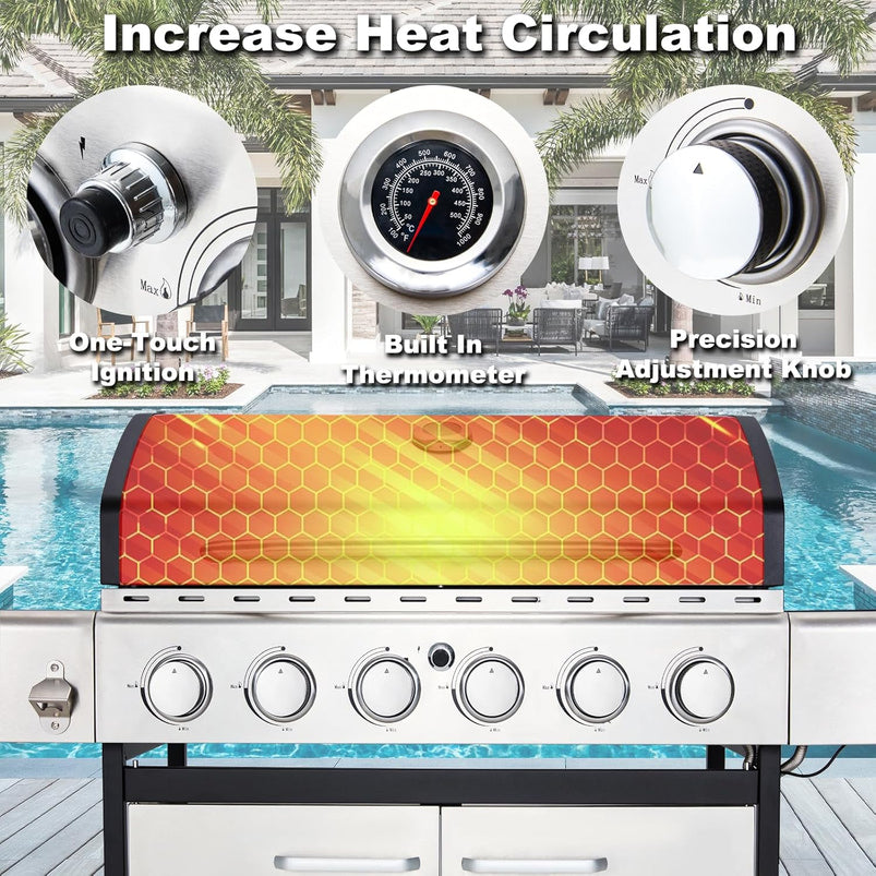 Upgraded 4 Burner BBQ Propane Gas Grill with Cast Iron Grates and Side Stove, 44, 000 BTU Stainless Steel Burner Barbecue Grill for Patio, Camping