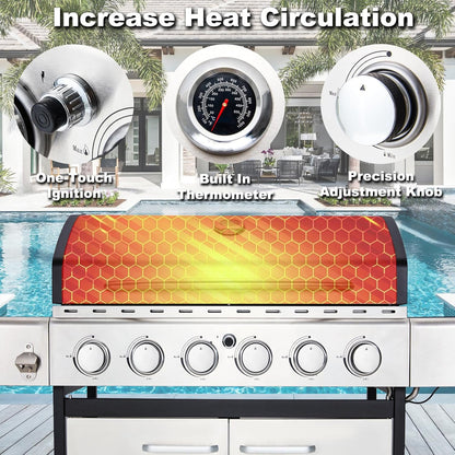Upgraded 4 Burner BBQ Propane Gas Grill with Cast Iron Grates and Side Stove, 44, 000 BTU Stainless Steel Burner Barbecue Grill for Patio, Camping