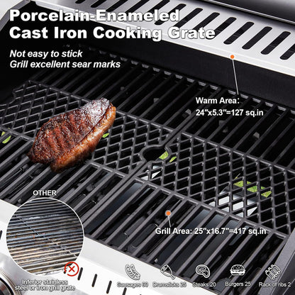 Upgraded 4 Burner BBQ Propane Gas Grill with Cast Iron Grates and Side Stove, 44, 000 BTU Stainless Steel Burner Barbecue Grill for Patio, Camping
