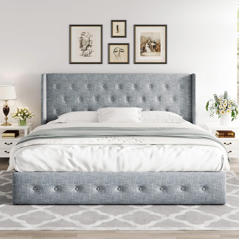 Allewie Queen Size Lift up Storage Bed, Modern Wingback Headboard, Hydraulic Support, Light Beige