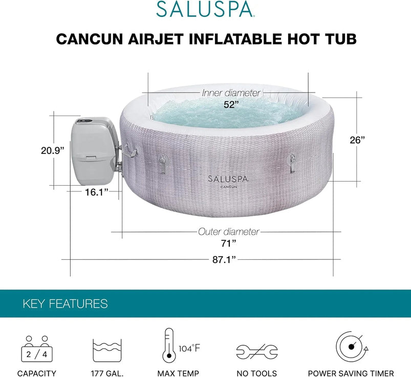 Bestway Saluspa Fiji Airjet Large Round 2 to 4 Person Inflatable Hot Tub Portable Outdoor Spa with 120 Airjets and Energysense Cover, Grey