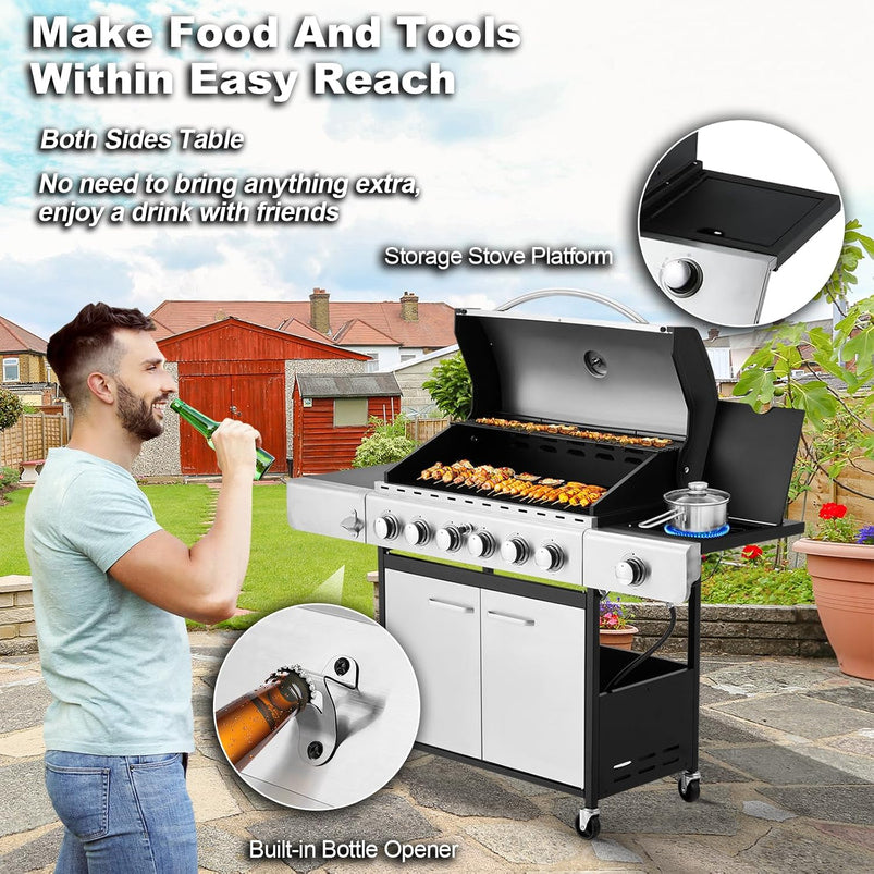 Upgraded 4 Burner BBQ Propane Gas Grill with Cast Iron Grates and Side Stove, 44, 000 BTU Stainless Steel Burner Barbecue Grill for Patio, Camping