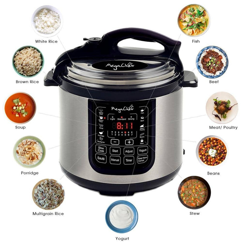 MegaChef 8 QT Stainless Steel Electric Pressure Cooker with Digital Presets and Slow Cook Function