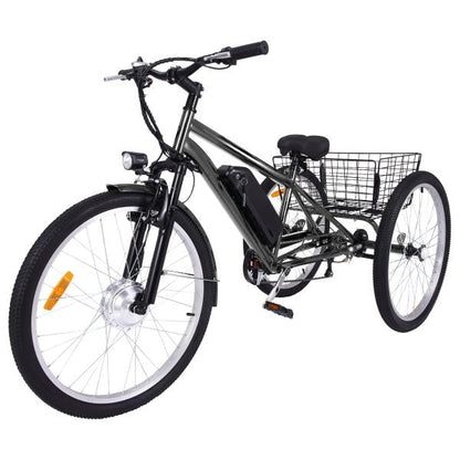 26 Inch Adult 3 Wheel Electric Tricycle with Basket, Fat Tires, 7 Speeds, 350W Powerful Motor, 36V 10Ah Removable Battery Dark Gray