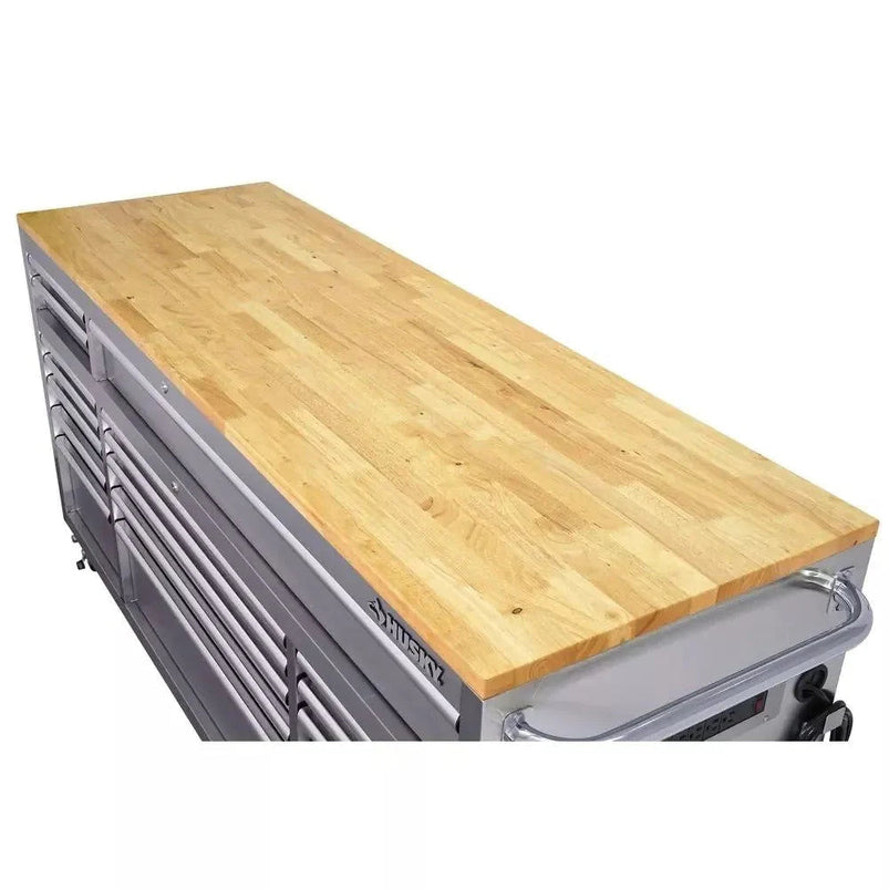 72 in 18-Drawer 24 In. D Mobile Workbench with Solid Wood Top Stainless Steel