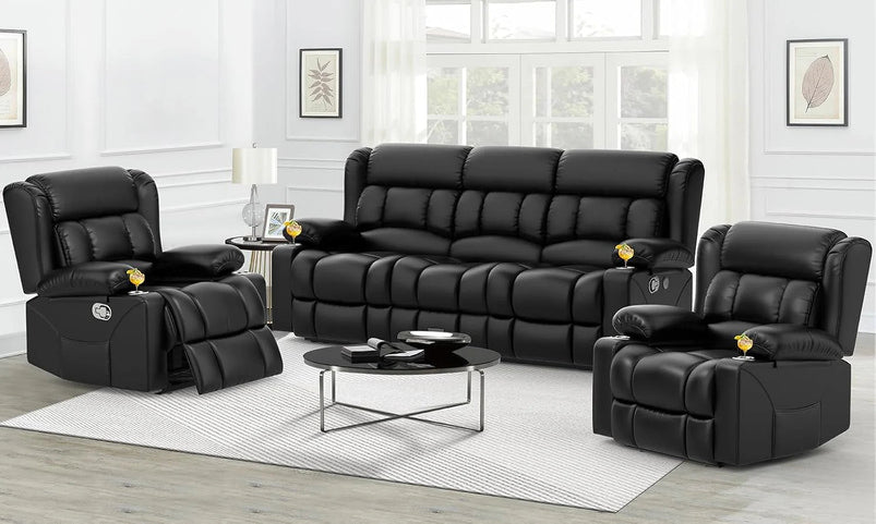 3 Seat Reclining Sofa with Storage Drawer USB Ports and Cup Holders Manual Couch