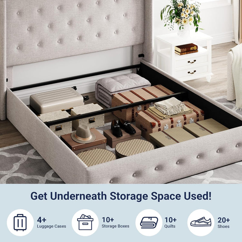 Allewie Queen Size Lift up Storage Bed, Modern Wingback Headboard, Hydraulic Support, Light Beige