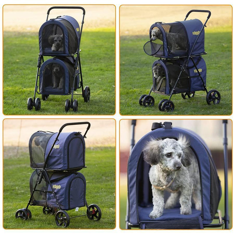 42 Double Pet Stroller for 2 Dogs and Cats, 4 Wheels Dog Strollers Folding Travel Cat Stroller with Suspension System, Navy Blue