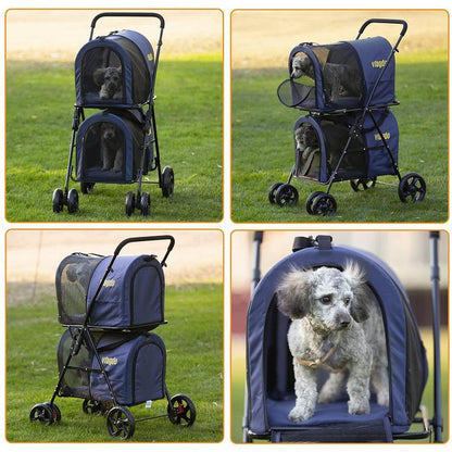 42 Double Pet Stroller for 2 Dogs and Cats, 4 Wheels Dog Strollers Folding Travel Cat Stroller with Suspension System, Navy Blue