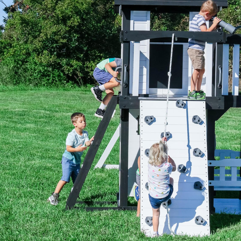 Backyard Discovery Canyon Creek Cedar Wood Swing Set with Wave Slide, Clubhouse, Play Kitchen, Picnic Area, Belt Swings, Web Swing, Rock Wall