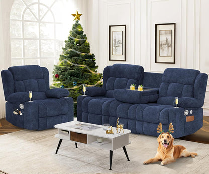 3 Seat Reclining Sofa with Storage Drawer USB Ports and Cup Holders Manual Couch