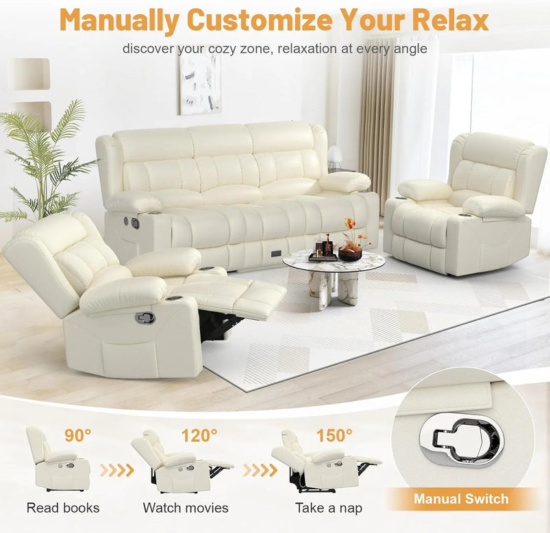 3 Seat Reclining Sofa with Storage Drawer USB Ports and Cup Holders Manual Couch
