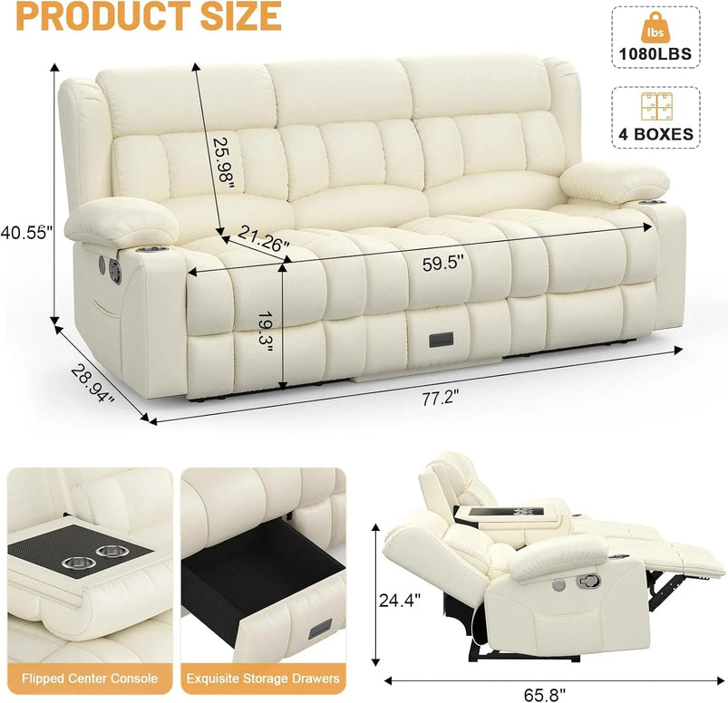 3 Seat Reclining Sofa with Storage Drawer USB Ports and Cup Holders Manual Couch